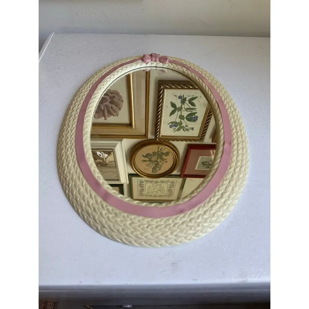 Vintage Oval Nursery Mirror Pink Bow Woven Frame Home girls wall cottage cute